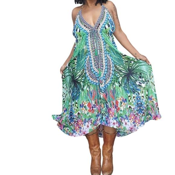 Dia Collection Embellished Tropical Halter Dress  XS/S Boho Handkerchief Fairy - Picture 2 of 10